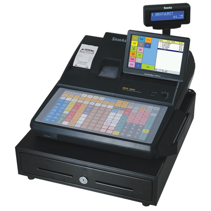 Older SAM4S SPS-520 FT touch-screen POS register with flat keyboard