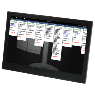 ChefTAB+ 14-inch touchscreen kitchen display system showing live kitchen order tickets
