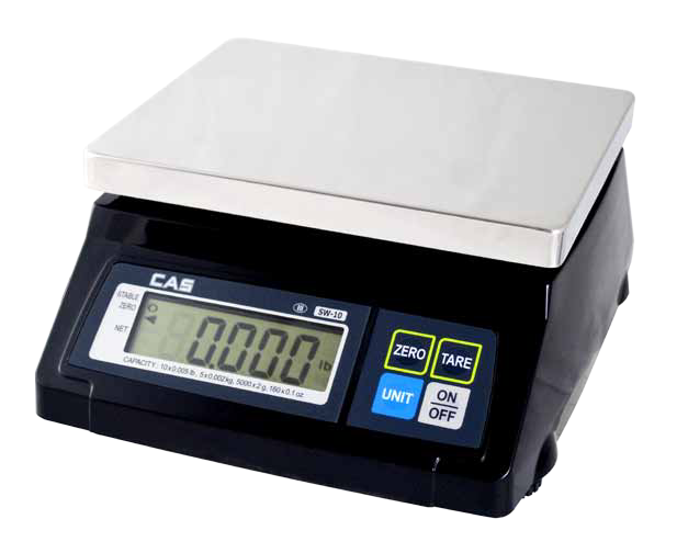 CAS SW-10RS POS interface scale, stainless steel platter with front LCD display and Zero, Tare, Unit and On/Off keys