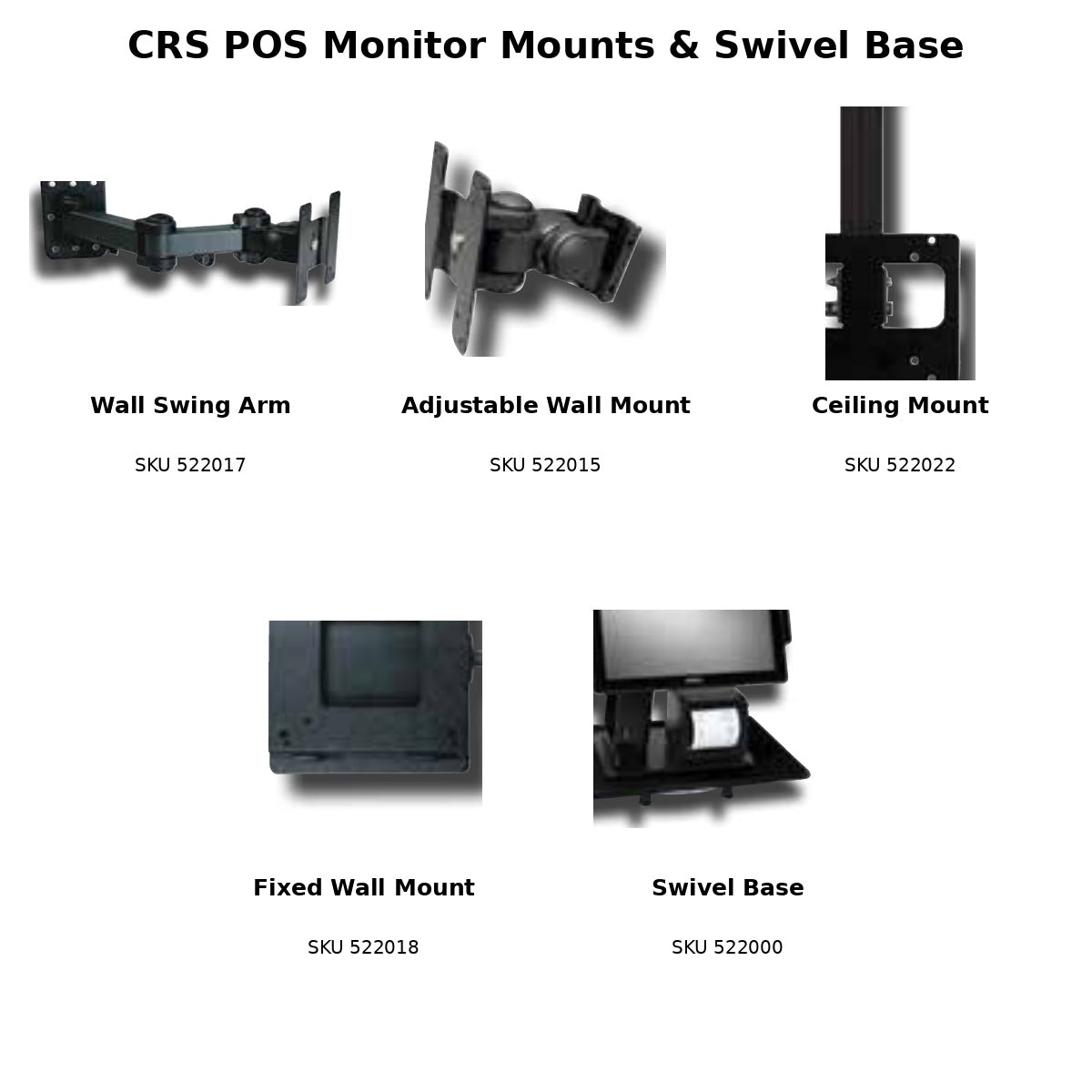 CRS POS monitor mounting options including wall swing arm, adjustable wall mount, ceiling mount, fixed wall mount and swivel base