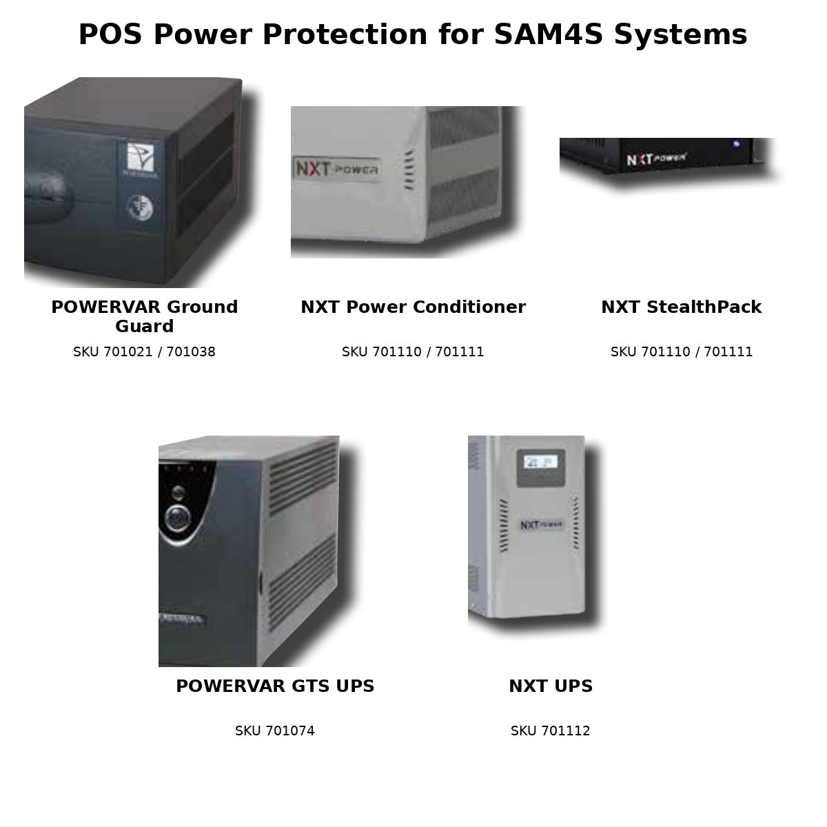 POS power protection options for SAM4S systems including POWERVAR and NXT power conditioners and UPS units