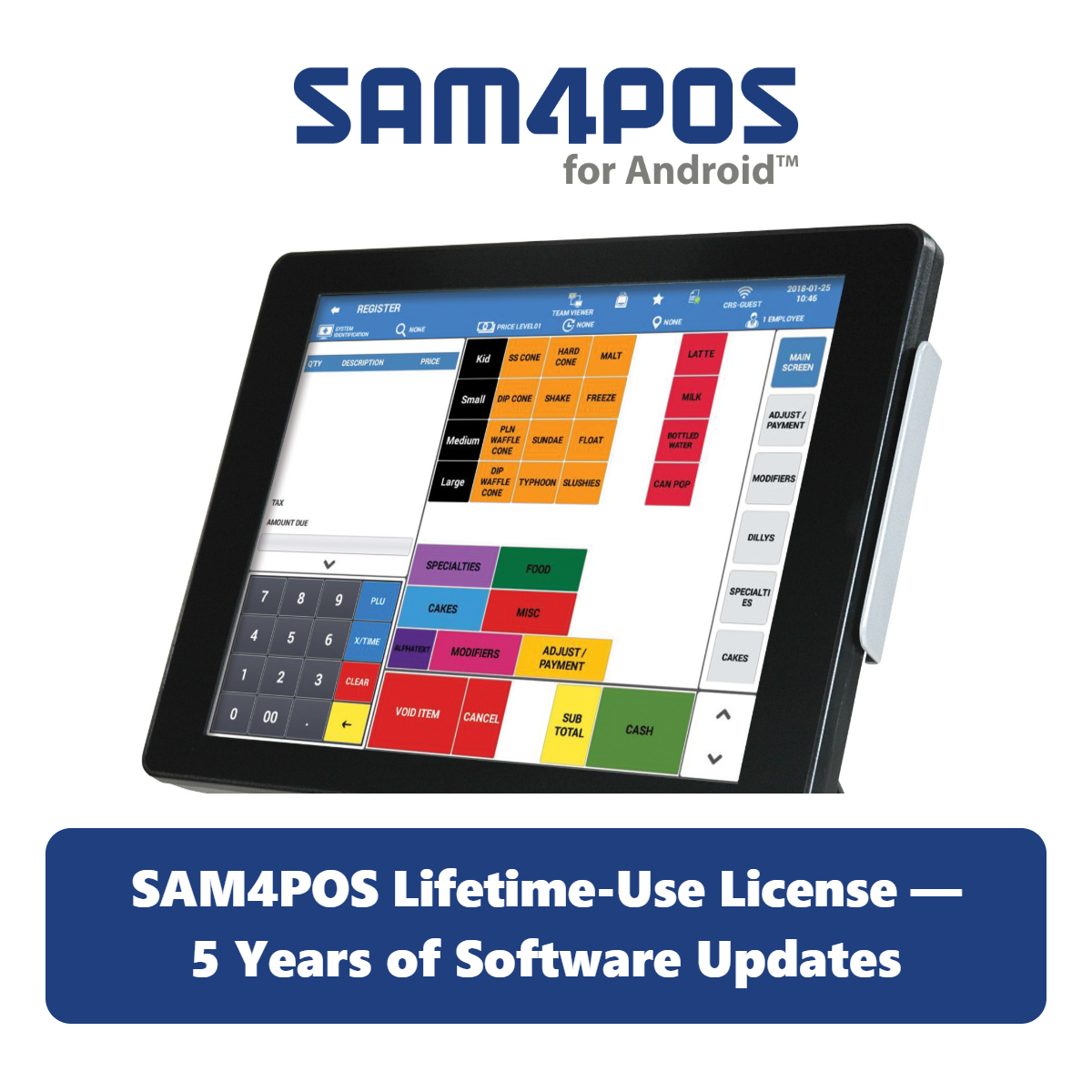 SAM4POS Lifetime-Use License — 5 Years of Software Updates, shown with the SAM4POS for Android logo and register screen