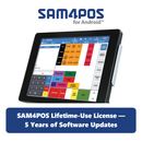 SAM4POS Lifetime-Use License — 5 Years of Software Updates, shown with the SAM4POS for Android logo and register screen