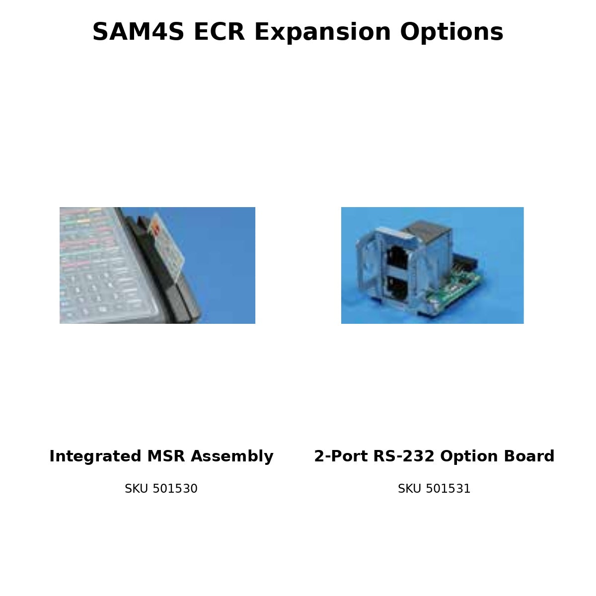 SAM4S ECR expansion options including integrated MSR assembly and two-port RS-232 option board