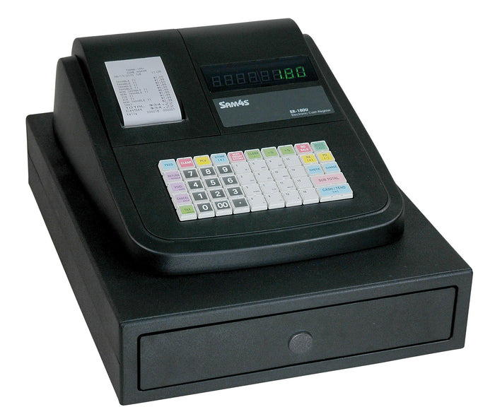 SAM4S ER-180U electronic cash register with raised-key keyboard, thermal receipt printer, LED display and integrated cash drawer