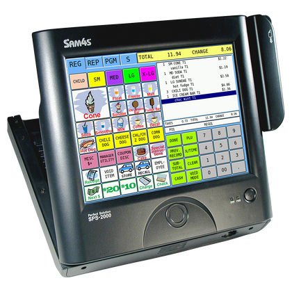 Older SAM4S SPS-2000 POS terminal, angled view