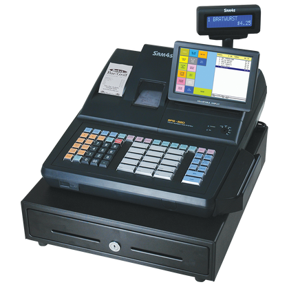 Older SAM4S SPS-520 RT touch-screen POS register with raised keyboard