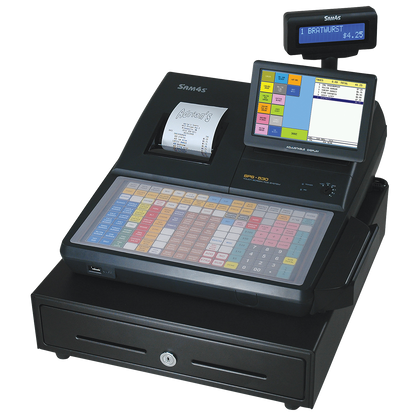 Older SAM4S SPS-530 FT touch-screen POS register with flat keyboard