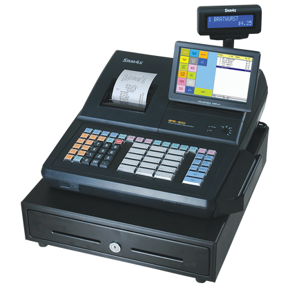 Older SAM4S SPS-530 RT touch-screen POS register with raised keyboard