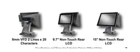 SAM4S Sapphire A60/A70 customer display options including 2x20 VFD, 9.7-inch rear LCD and 15-inch rear LCD