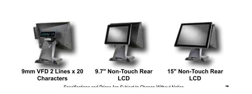 SAM4S Sapphire A60/A70 customer display options including 2x20 VFD, 9.7-inch rear LCD and 15-inch rear LCD