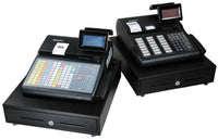 Two SAM4S SPS-300 Series cash registers showing flat-keyboard and raised-keyboard configurations