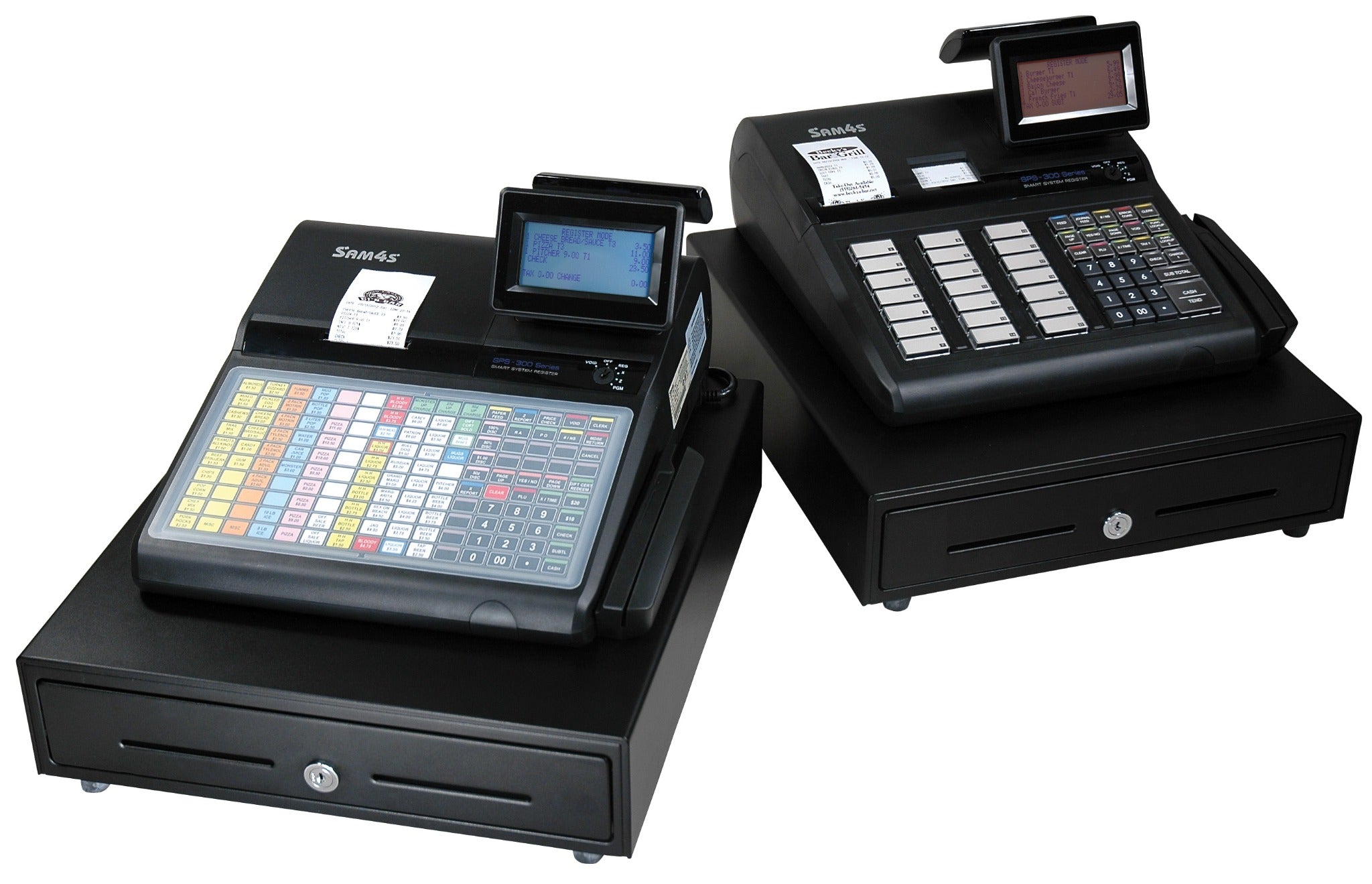 Two SAM4S SPS-300 Series cash registers showing flat-keyboard and raised-keyboard configurations