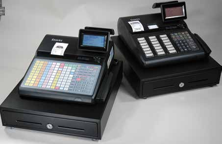 Two SAM4S SPS-300 Series cash registers shown side by side, each on a cash drawer. One has a flat keyboard and the other has a raised-key keyboard. This is a series photograph; it does not show a single specific model.