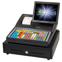 SAM4S SAP-630II-FT hybrid Android POS system with flat spill-resistant programmable keyboard, adjustable touchscreen display, integrated receipt printer and cash drawer
