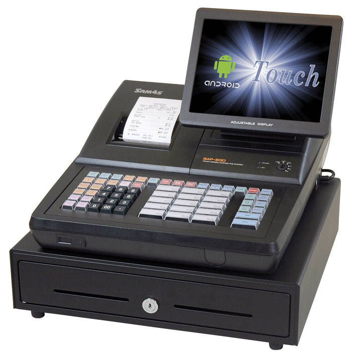 SAM4S SAP-630II-RT hybrid Android POS system with raised-key keyboard, adjustable touchscreen display, integrated receipt printer and cash drawer