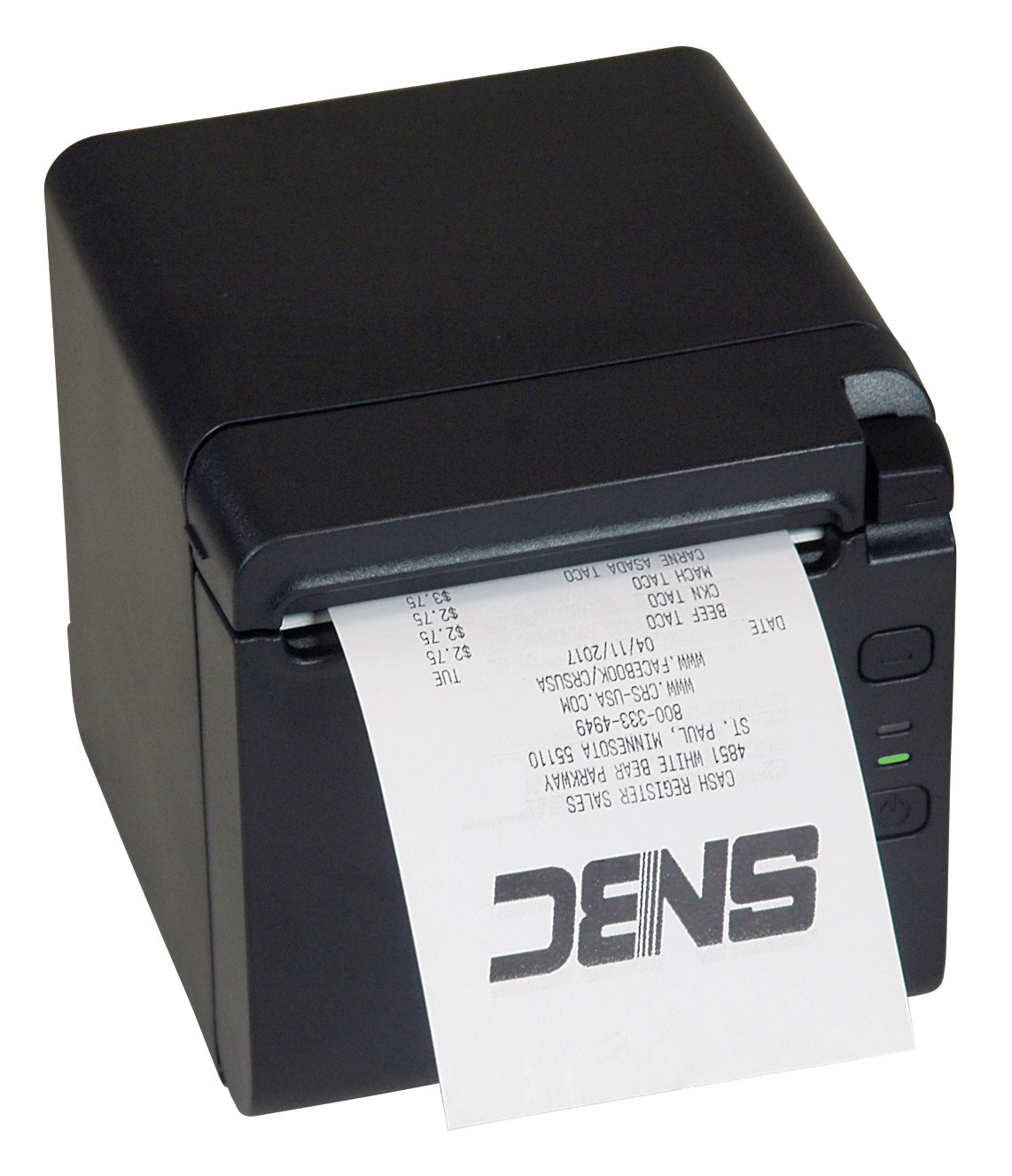 SNBC BTP-S80 black receipt printer, front-right view