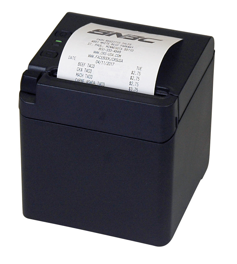 SNBC BTP-S80 black receipt printer, top-left view
