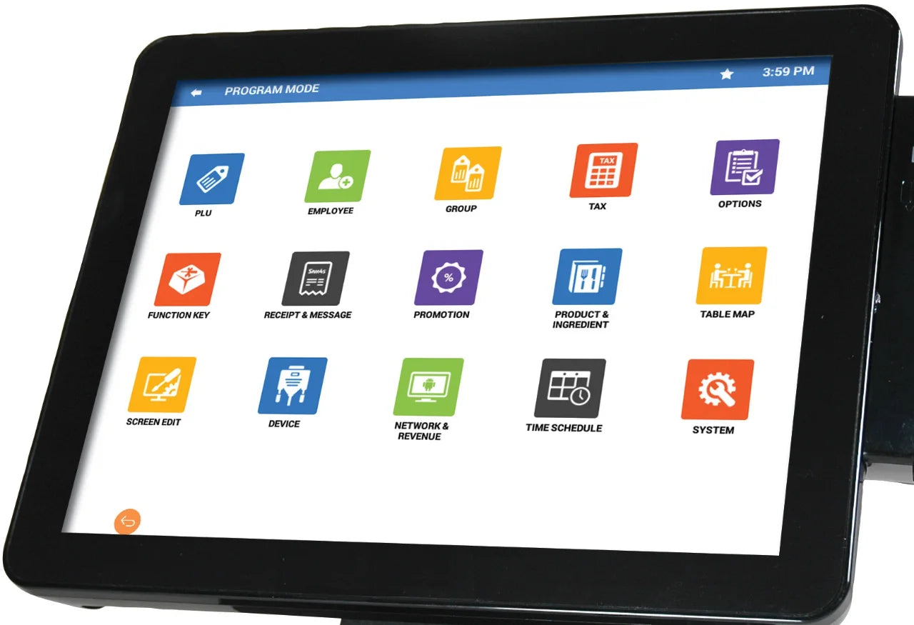 SAM4POS program mode menu with PLU, employee, group, tax, options, function key, receipt and message, promotion, product and ingredient, table map, screen edit, device, network and revenue, time schedule and system settings