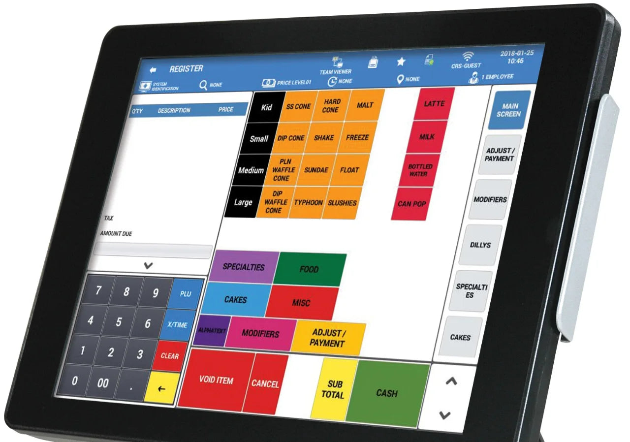 SAM4POS register screen with sized menu buttons, modifier and category keys, an order list, a numeric keypad, and void, subtotal and cash keys