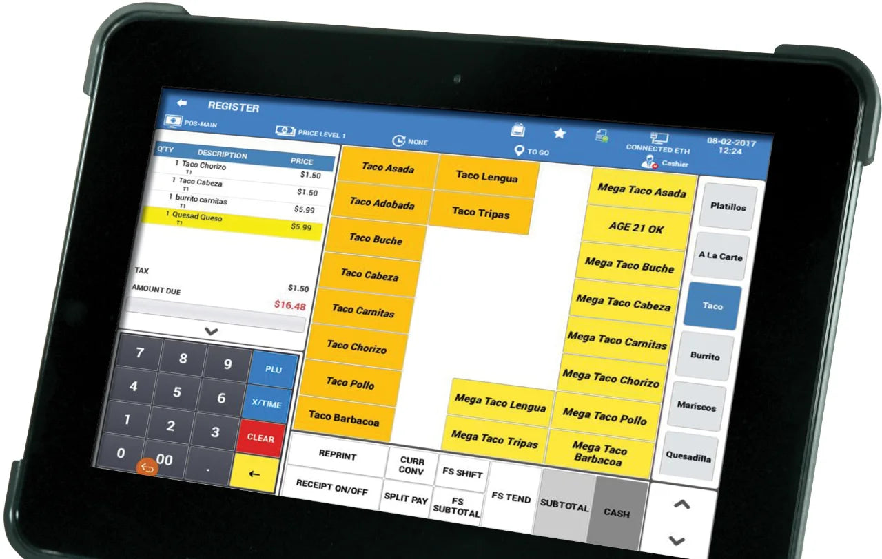 SAM4POS quick-service restaurant screen with taco and burrito menu buttons, a to-go order, split pay and subtotal keys